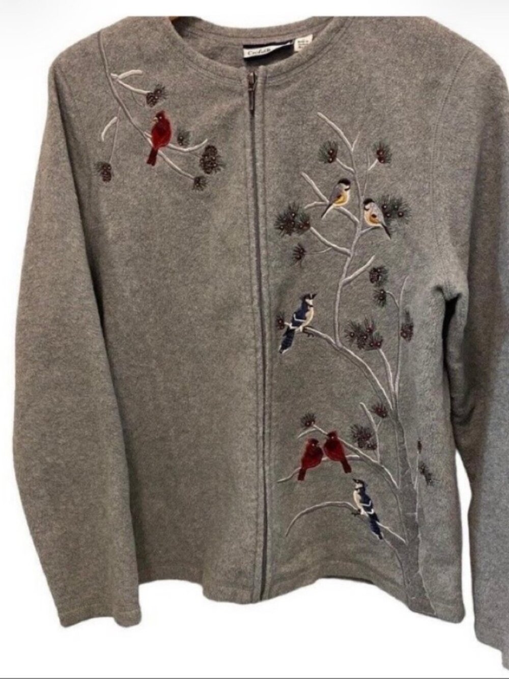 Croft & Barrow Gray Fleece Full Zip Cardigan Embroidered Birds M